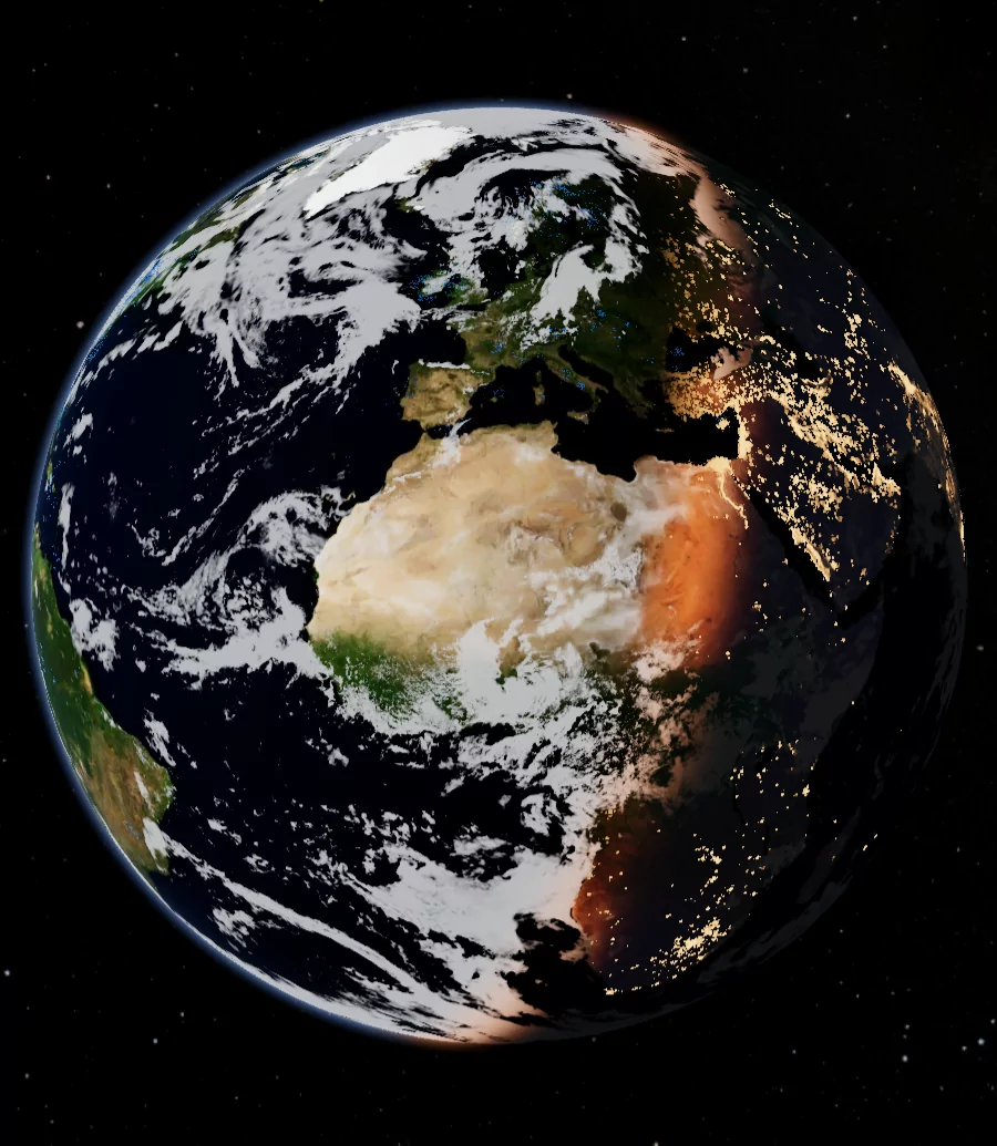 Cartolyth's globe over Europe: live cloud cover, radar precipitation, the day/night terminator and Black Marble city lights